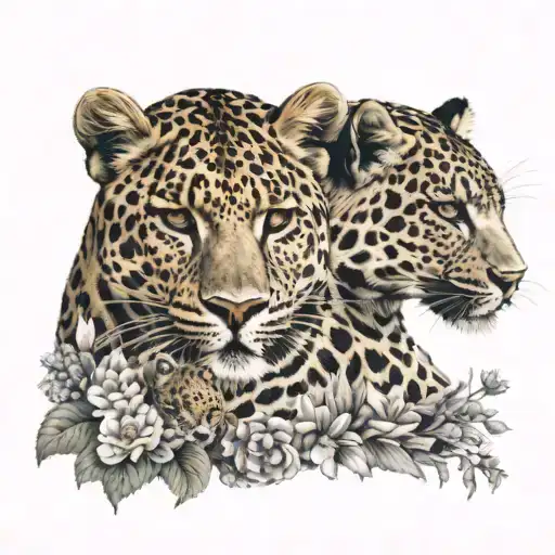 Mother Leopard And Cub With Flowers Blooming