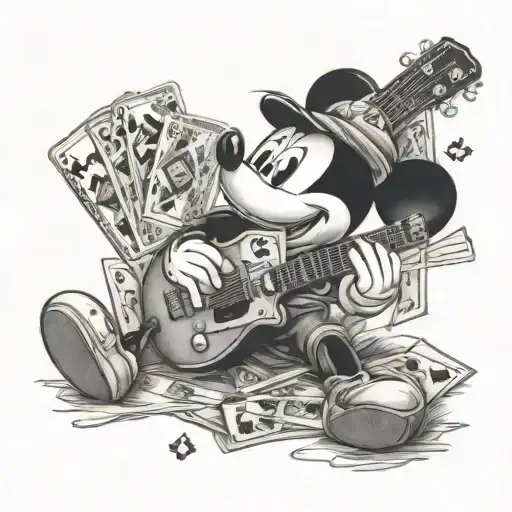 A Realistic Portrait Of Mickey Mouse Holding A Guitar With Playing Cards And Money In The Background