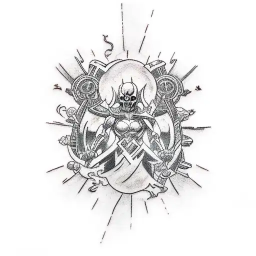 Traditional Style Tattoo Of The Tribunal Viviente From Marvel Surrounded By Gaming Symbols