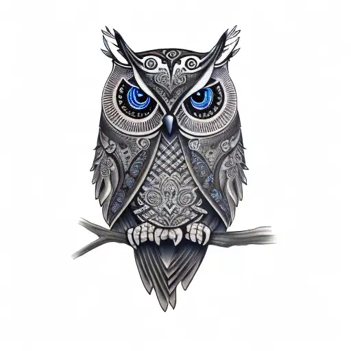 Owl In Branches With Blue Eyes