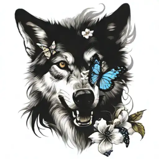 Wolf With Butterfly And Flower Intertwined