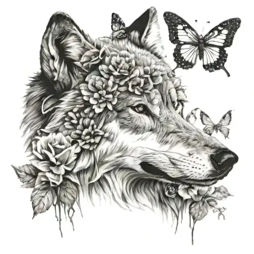 Wolf With Butterfly And Flower