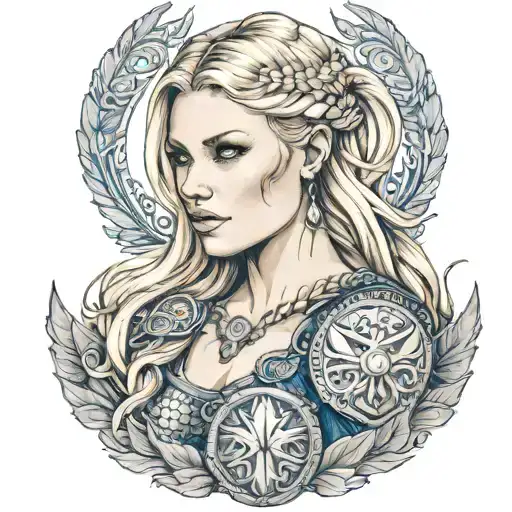 Beautiful Norse Viking Valkyrie With Blonde Hair Blue Eyes Tattoos Big Breast