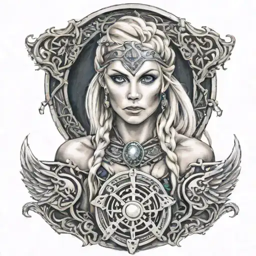 Beautiful Norse Viking Valkyrie Shield Maiden With Blonde Hair Blue Eyes Tattoos Chains And Skulls