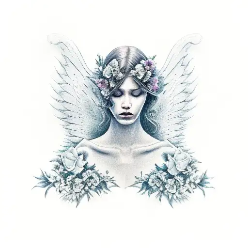 Fallen Angel Surrounded By Flowers