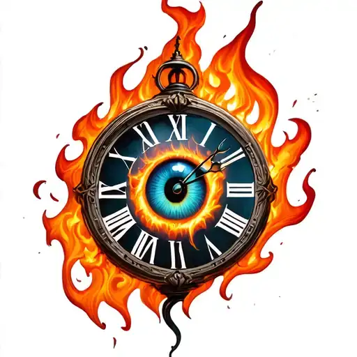 Styled Clock Roman Number Inside Flame And A Eye In The Middle