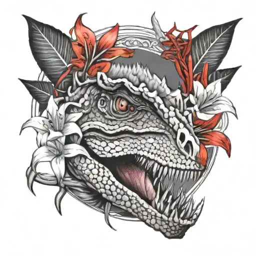 Velociraptor Balck And White With Pop Of Red Spider Lily