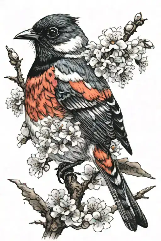 Bird Robin With Red Admiral Butterfly And Cherry Blossoms