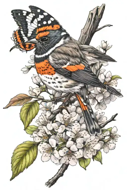 Bird Robin With Red Admiral Butterfly And Cherry Blossoms