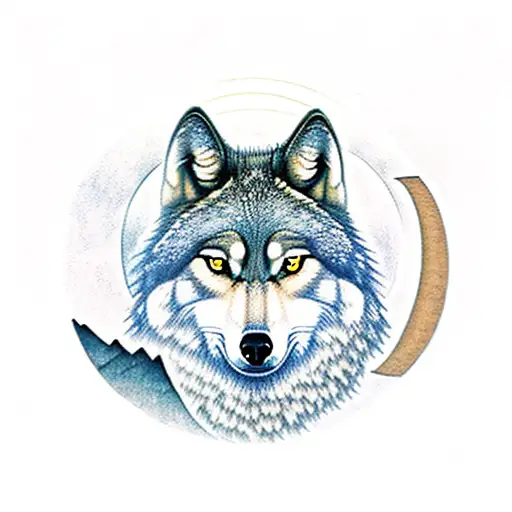 Mountain Scene With A Wolf Owling To The Moon And A Nearby Owl On A Oak Tree Brench