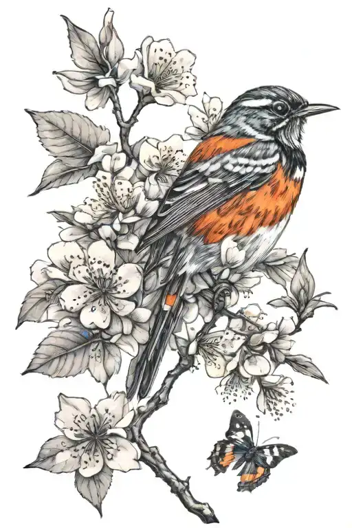 Bird Robin With Red Admiral Butterfly And Cherry Blossoms