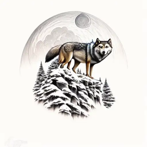 Mountain Scene With A Wolf Owling To The Moon And A Nearby Owl On A Oak Tree Brench