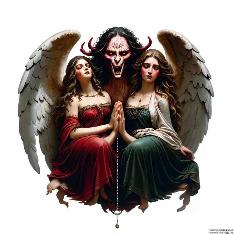 Demon Face Praying With A Rosary 2 Beautiful Angel And Demon Women Sitting On Its Shoulders