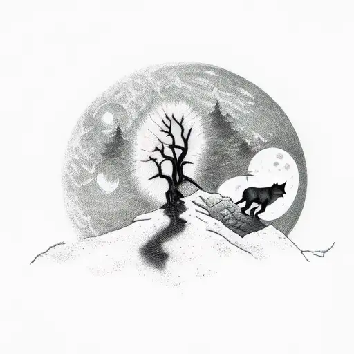 Mountain Scene With A Wolf Owling To The Moon And A Nearby Owl On A Oak Tree Brench
