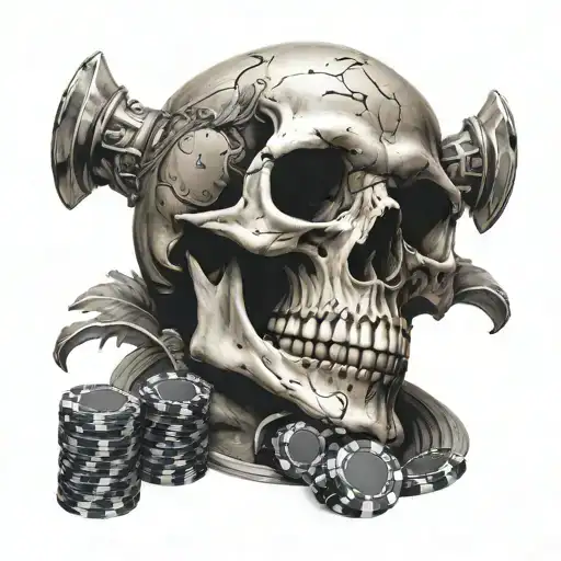 Skull Laying Down On His Back With A Black Heart And Foggy Mind With Casino Chips Around Him