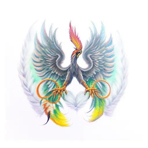Phoenix With A Curled Tail And Four Feathers Each Painted Like A Different Element
