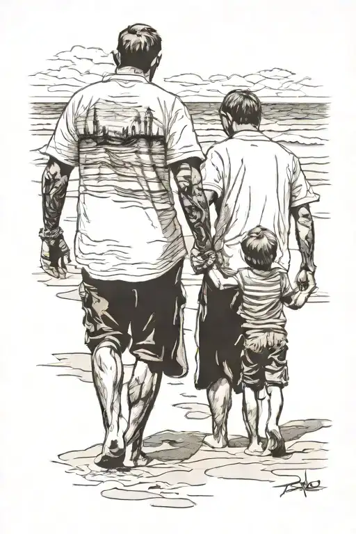 A Man And His Son Holding Hands Seen From Behind On The Beach