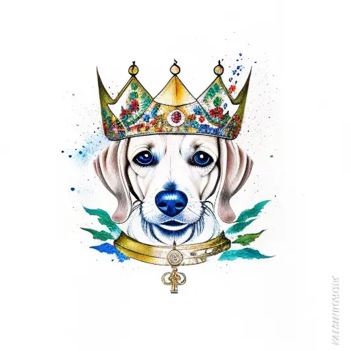 A Realistic Portrait Of A Dauschund Wearing A Watercolor Crown