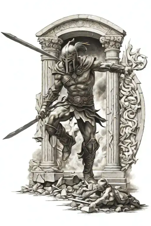 Spartan Warrior Battling Hell Heaven Gates