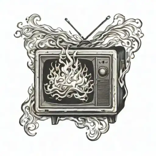 Burning Old Retro Tv In Fire