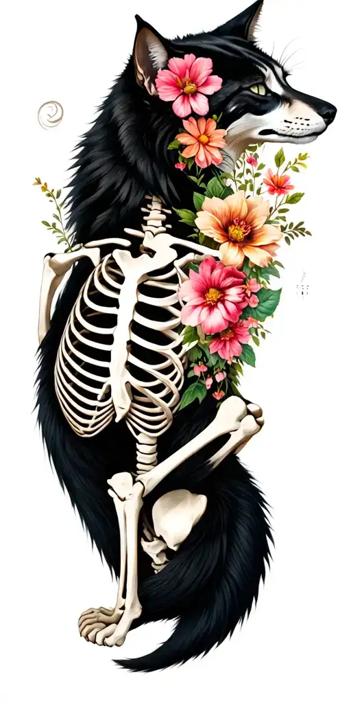The Cat Skeleton Lying On The Back Through Which The Flowers Aconit The Wolf Grow