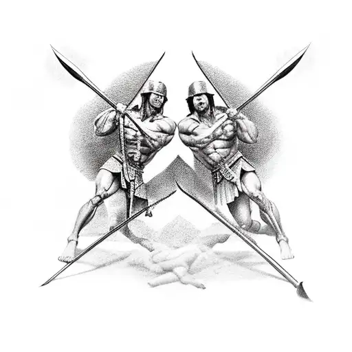 Two Muscular Spartans Friends With Spears Crossed