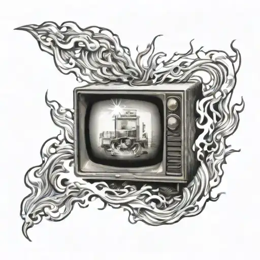 Burning Old Retro Tv In Fire