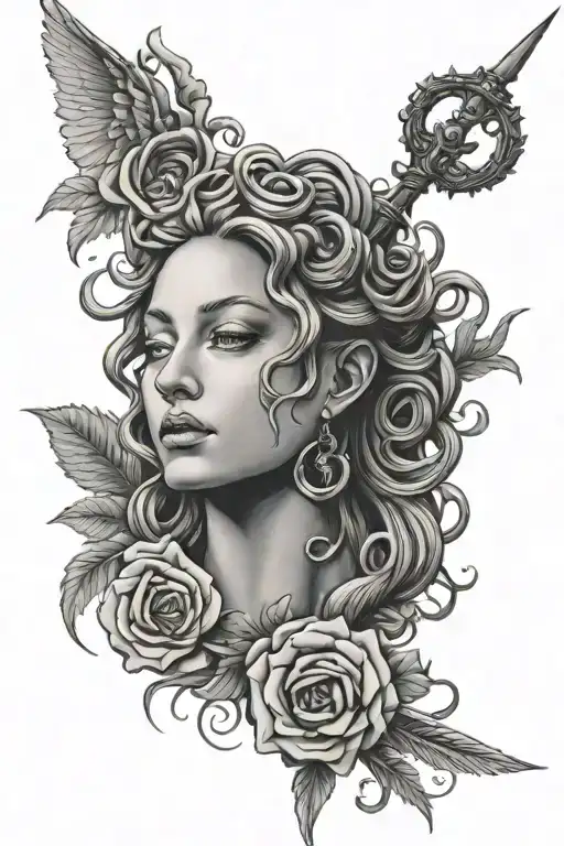 Rose Wing And Swords Medusa Holding The Head