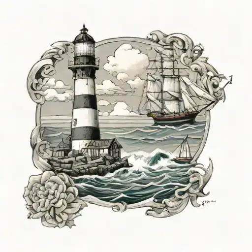 Lighthouse And Ship Sailing