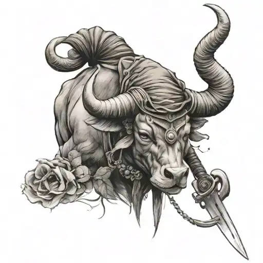 A Taurus With A Sumrai Hat And A Katana In The Hand