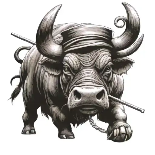 A Bull With A Sumrai Hat And A Katana In The Hand