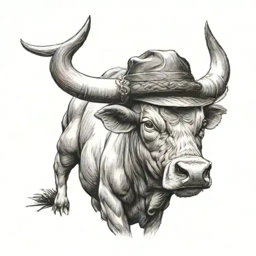 A Bull With A Sumrai Hat On The Head