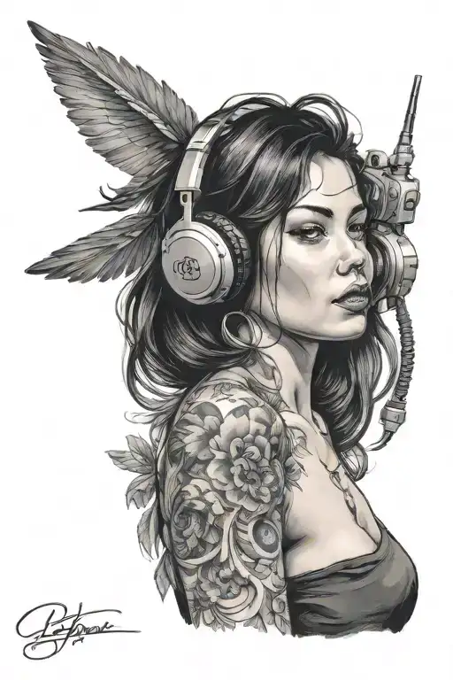 Lady With Log Black Hair With A Cell Phone And Ear Phones