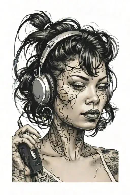 Lady With Log Black Hair With A Cell Phone And Ear Phones