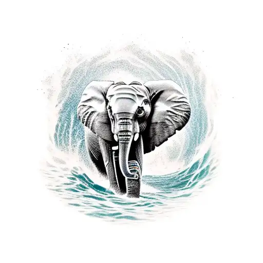 Elephant Coming Out Of Wave With Feather Trunk