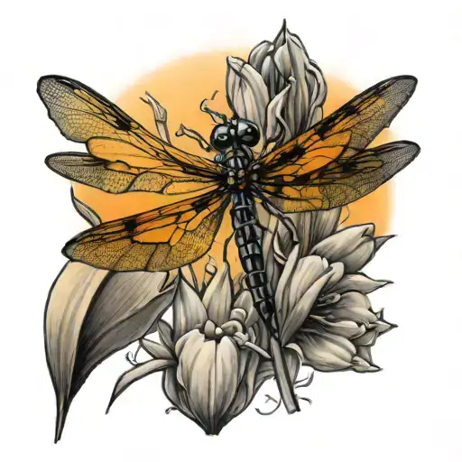 Orange Dragonfly On Yellow Tulips With Orange Sunset In Background