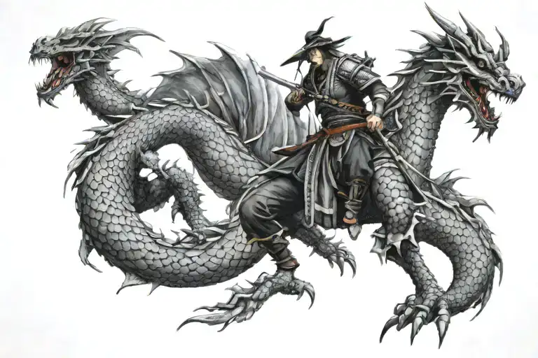 A Samurai Warrior Standing Over A Defeated Dragon In A Realistic Tattoo Design