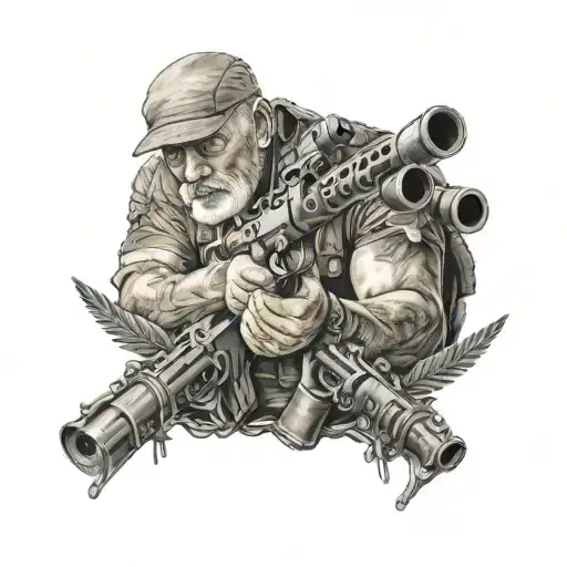 Army Tattoo Artillery Grandfather Holding 2 Guns With Barbed Wire In The Background
