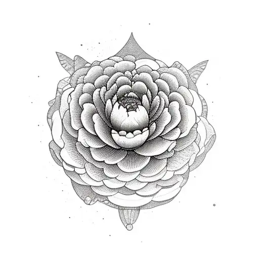 A Striking Blackwork Composition Featuring A Peony Emerging From A Pool Of Swamp Water Lilies