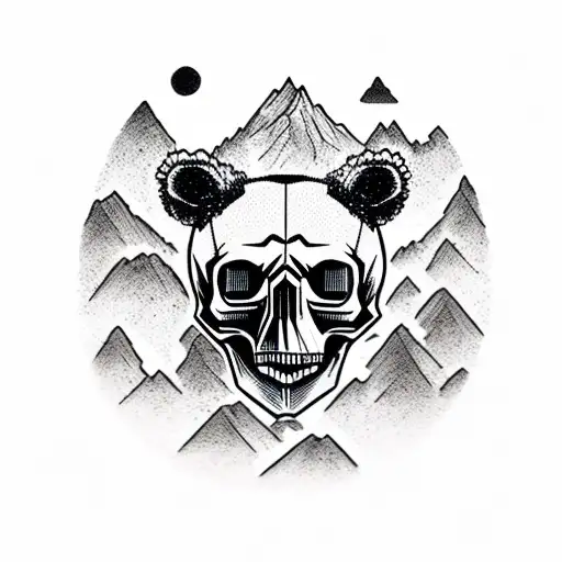 Skull Wearing A Bear Head Red Northern Lights Background With Dead Trees And Mountains