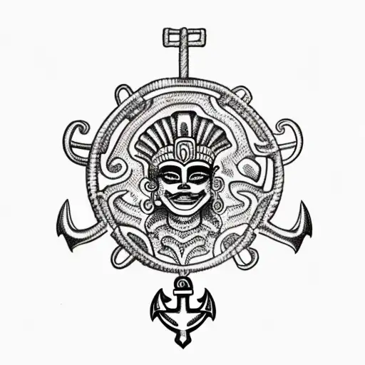 Mayan Goddess With Anchor And Hawaian Turtles