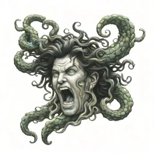 Young Plump Screaming Medusa Head With Sneakes Greek Mythology Looking At Me