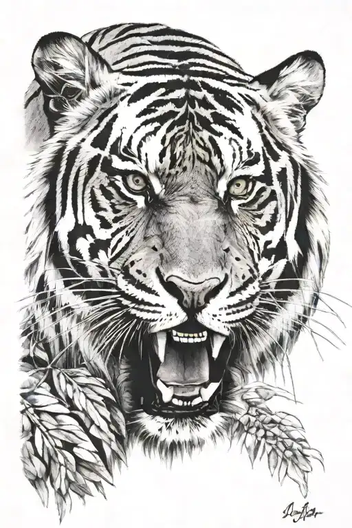A Roaring Tiger Emerged In Congolese Fabrics In The For Of Bushes Around The Tiger Face