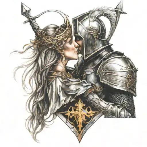Medieval Knight Kissing Valkyrie Warrior Woman