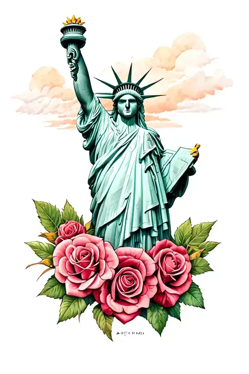 Bald Eagle And Roses And Statue Of Liberty
