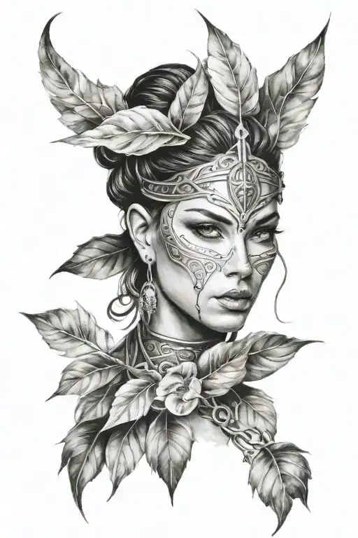 Portrait Of A Beautiful Warrior Woman With Intertwined Leaves