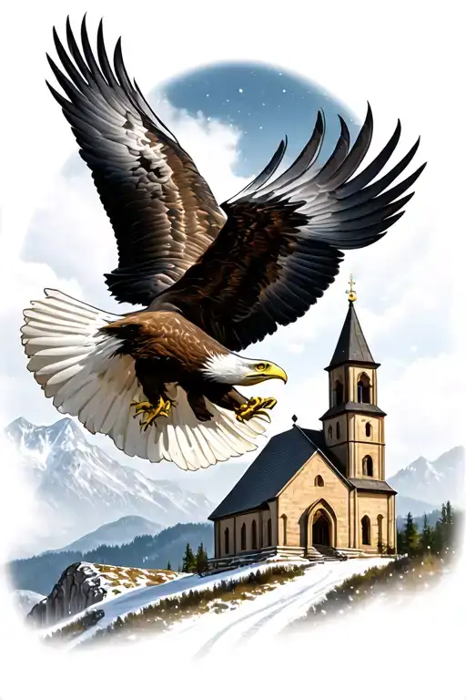 Eagle Flying Above Church In Mountains Inside