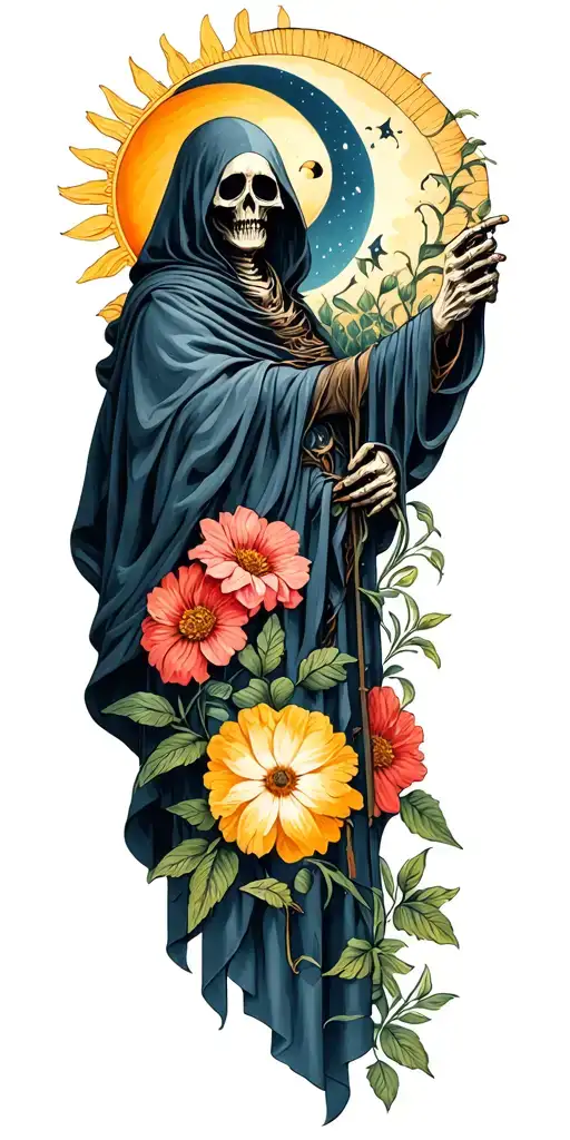 Grim Reaper Full Body With Sun And Moon With Flowers