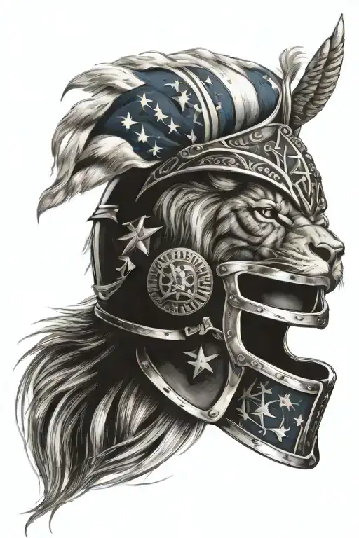 American Flag With Partan Helmet With Lion Head Over Looking