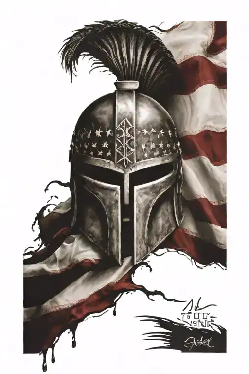 American Flag Waving With We The People Print And A Battle Worn Spartan Helmet